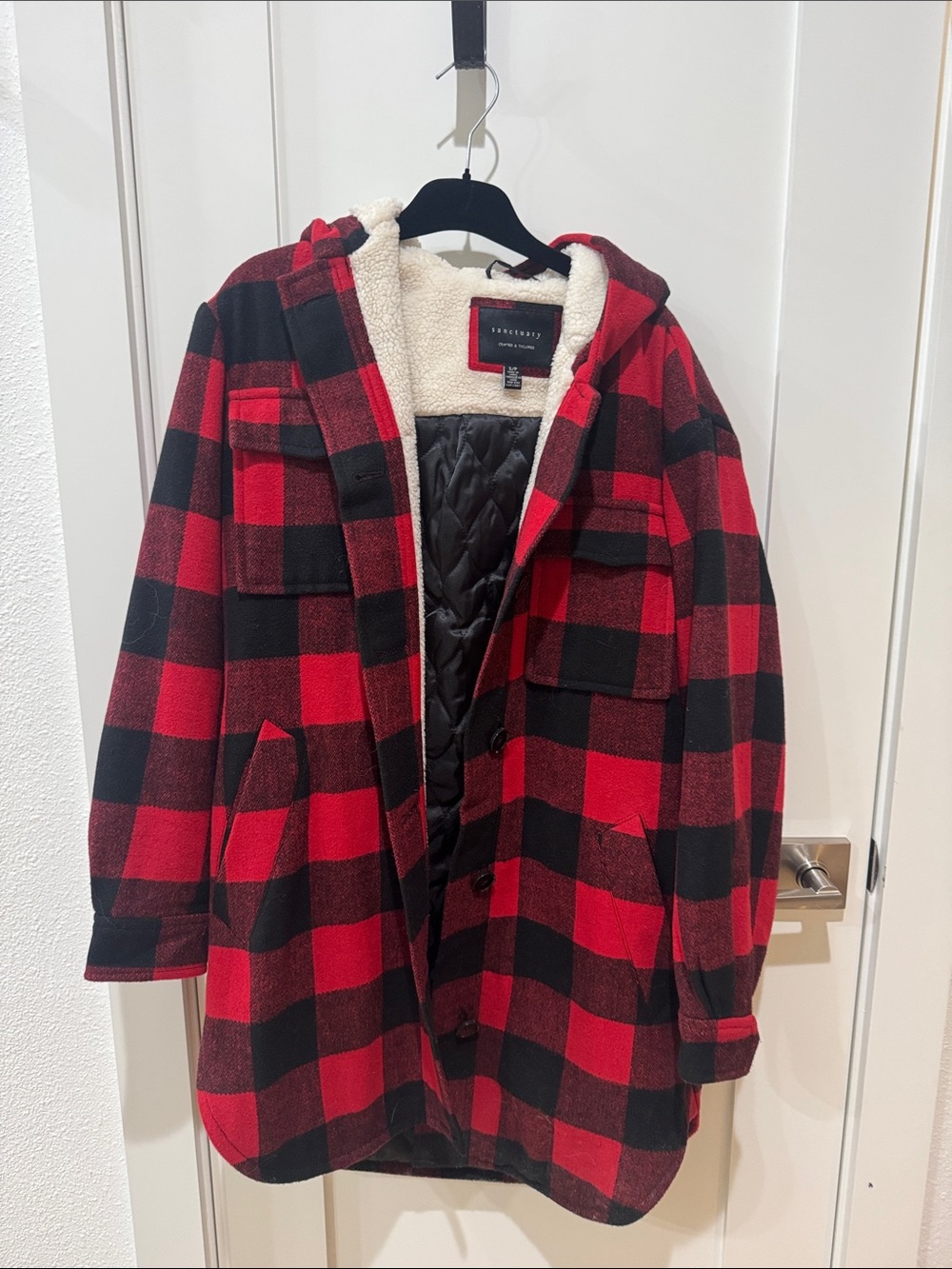 Sanctuary Buffalo Plaid Hooded Shacket - Red & Black